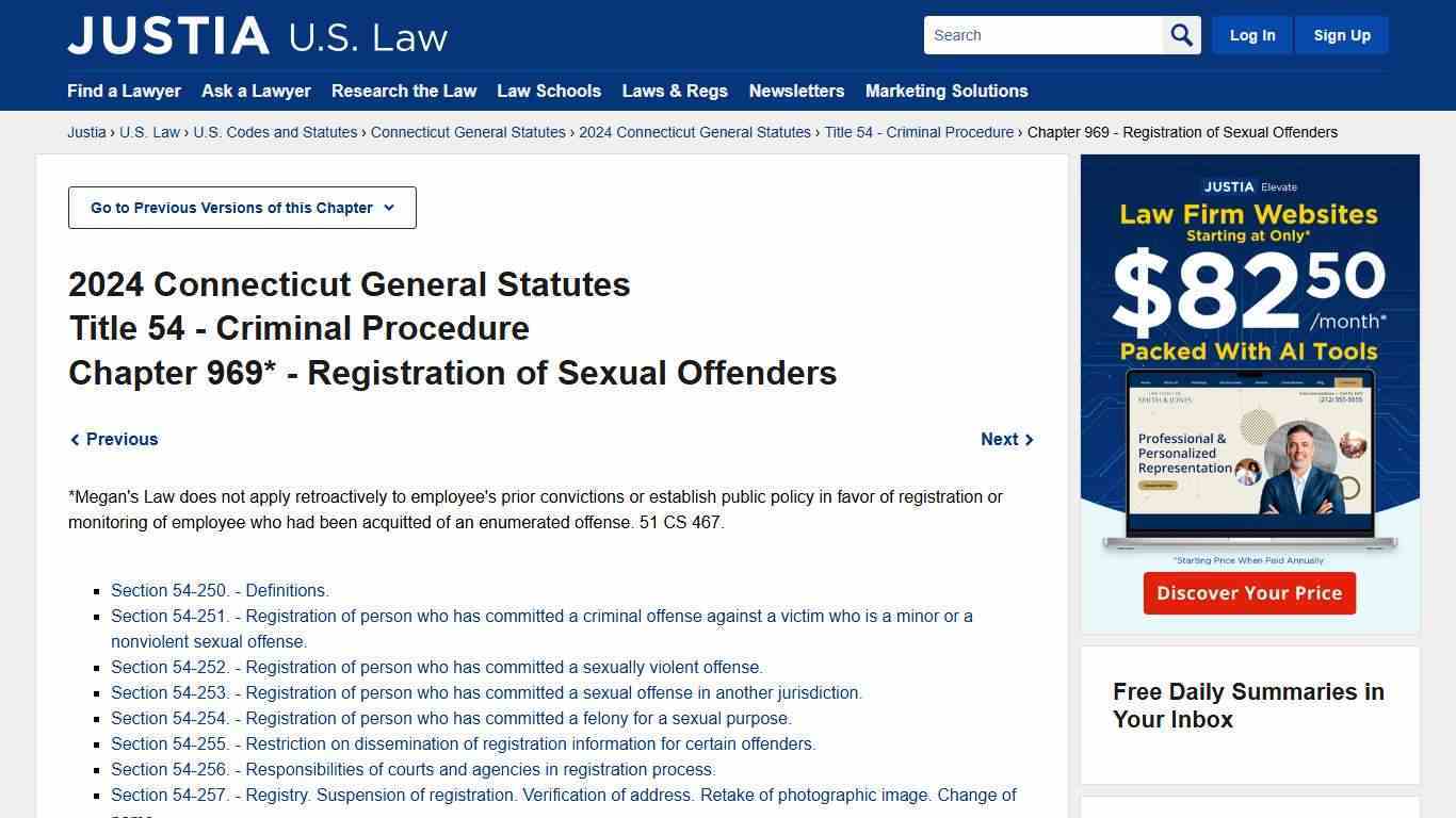 Connecticut Registration of Sexual Offenders Laws - 2024 Connecticut General Statutes Title 54, Chapter 969 - Registration of Sexual Offenders :: 2024 Connecticut General Statutes :: U.S. Codes and Statutes :: U.S. Law :: Justia