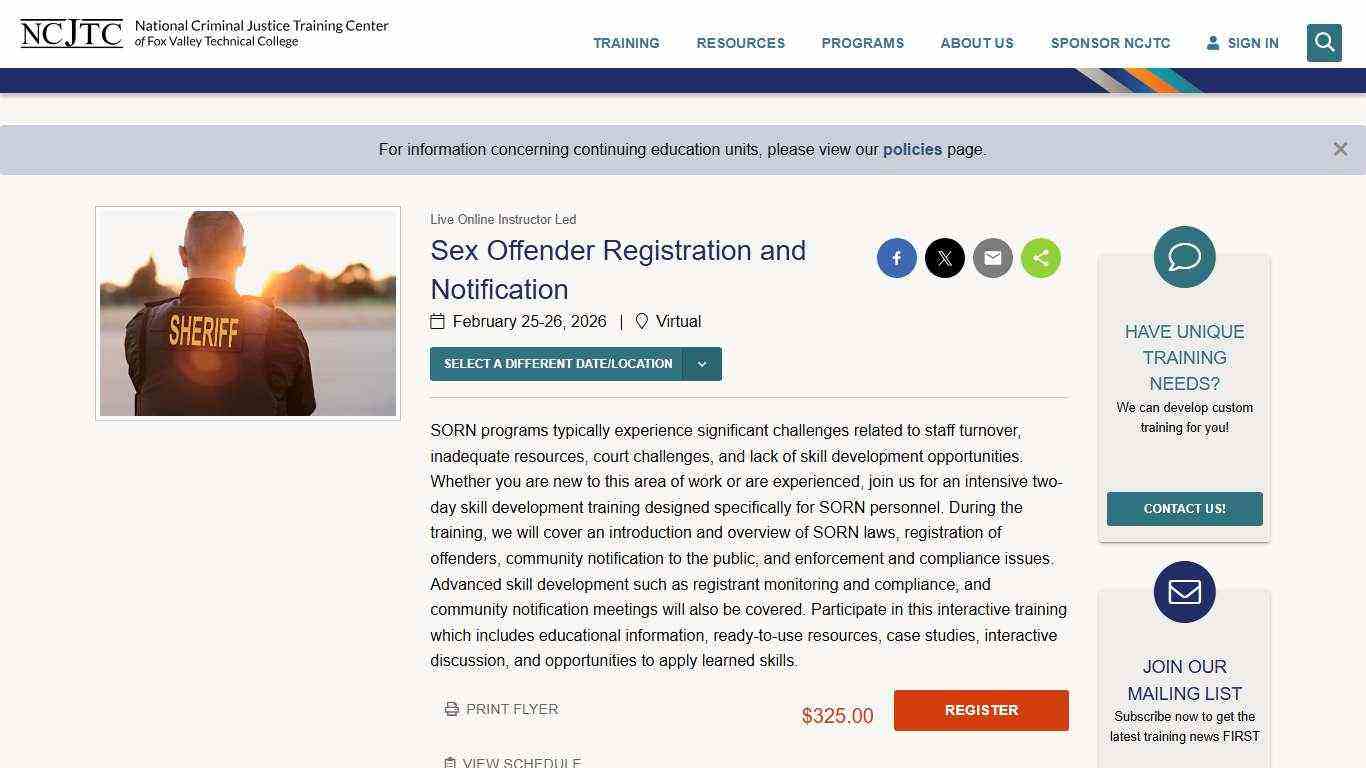Sex Offender Registration and Notification | Virtual | Feb 25-26, 2026