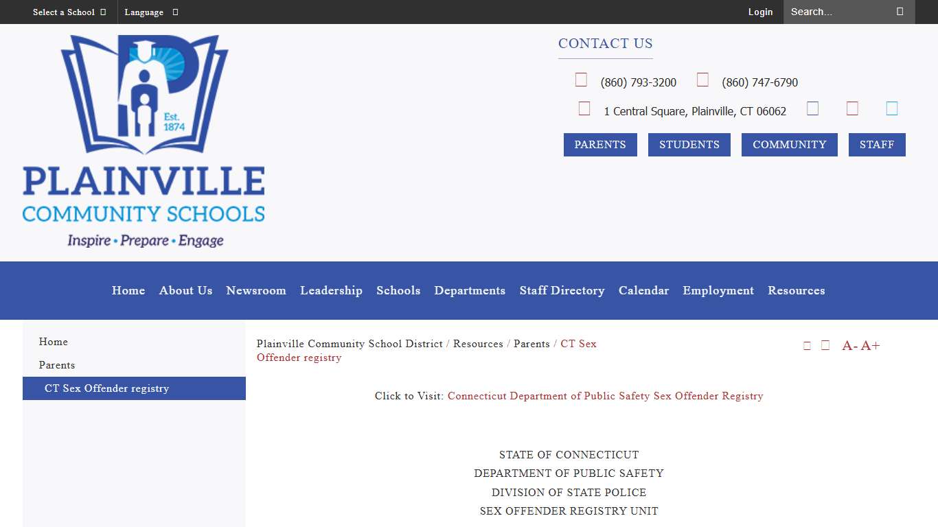 CT Sex Offender registry - Plainville Community School District